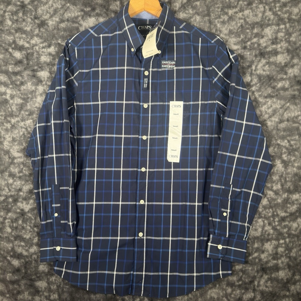New CHAPS Easy Care Long Sleeve Button Down Shirt Mens Size S Blue Plaid